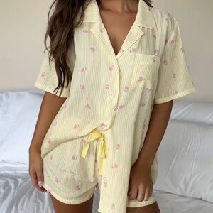 WhiteFox Offline Pyjama Top Lemon Meadow Stripe Floral Top ONLY